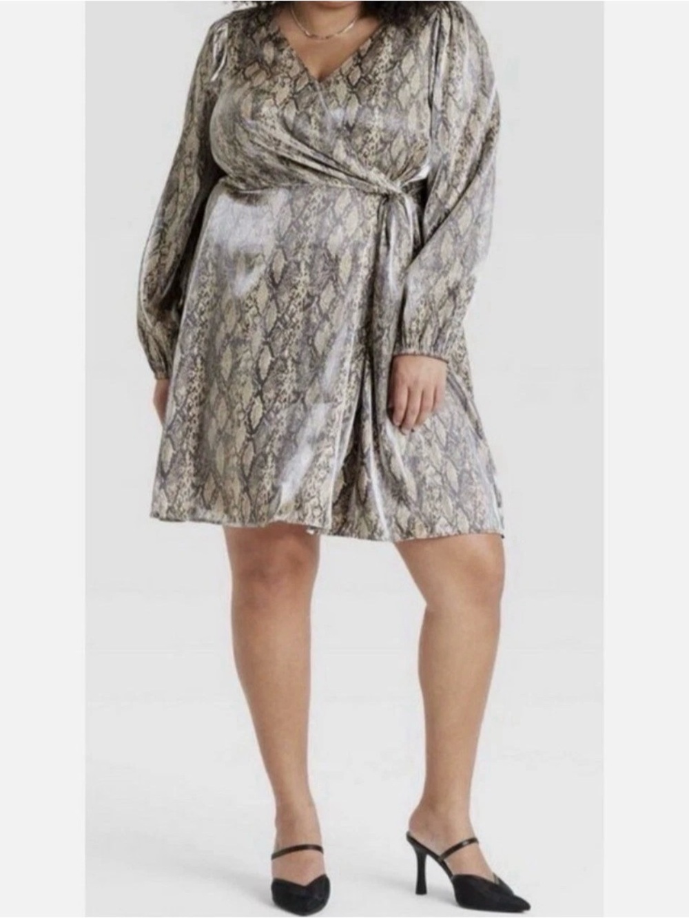 Ava & Viv Metallic Snake-Print Wrap Dress - Gray & Silver